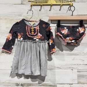 Matilda Jane Joanna Gaines Dress Set Girls 12-18M Grey Floral Ruffle EUC